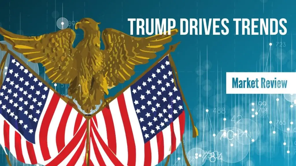 Eagle with US flags, market review background
